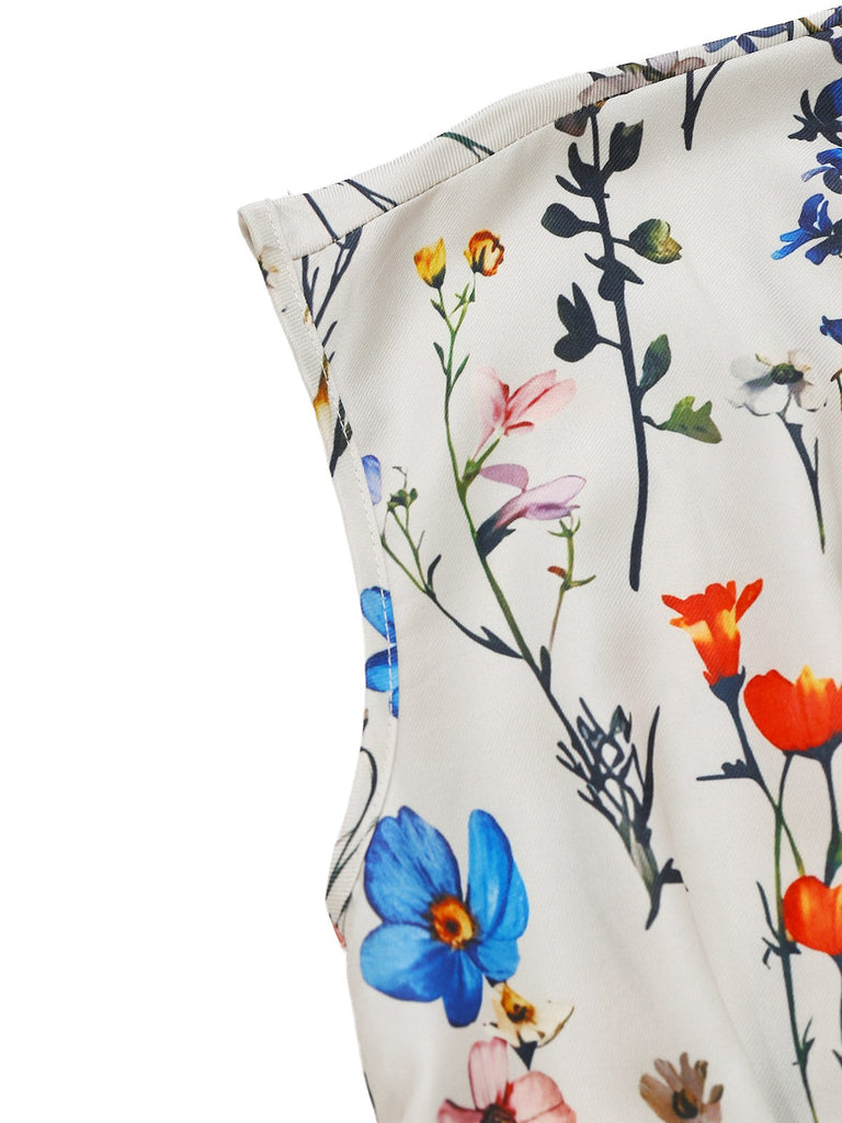Beige 1950s Floral V-Neck Cap Sleeve Jumpsuit