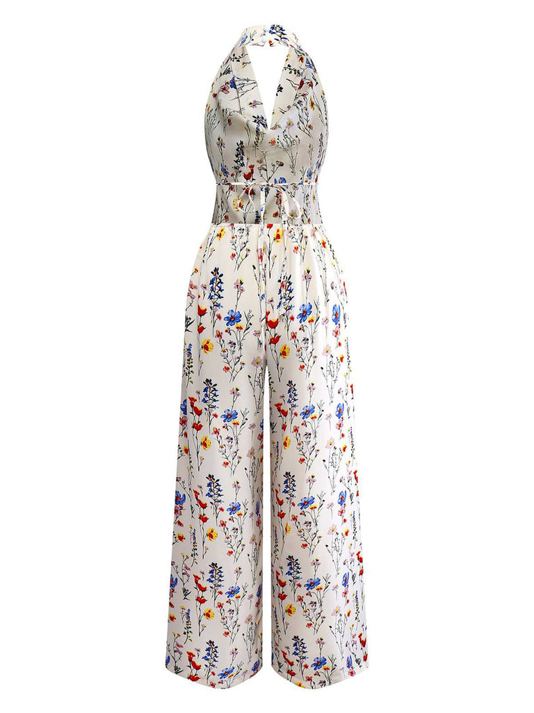 Beige 1950s Halter Floral Backless Jumpsuit