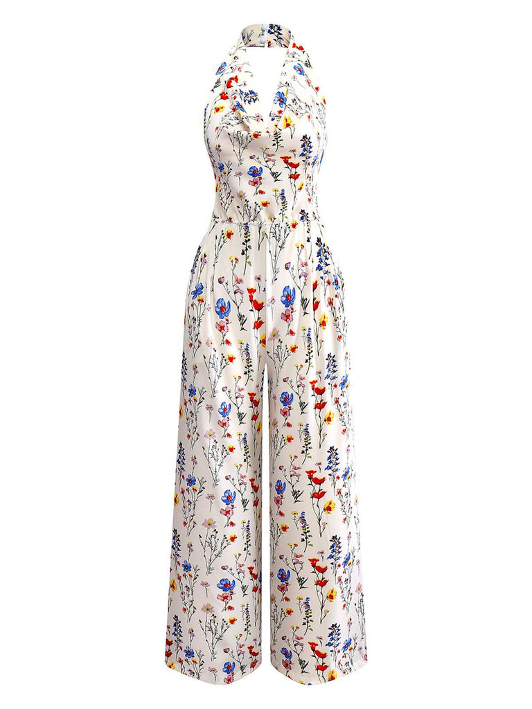 Beige 1950s Halter Floral Backless Jumpsuit