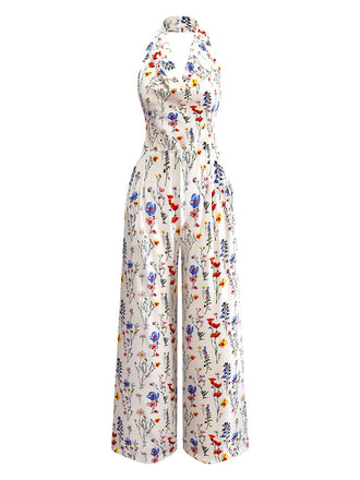 Beige 1950s Halter Floral Backless Jumpsuit