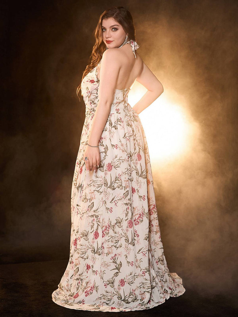 [Plus Size] Multicolor 1930s Rose Cross Halter Maxi Dress