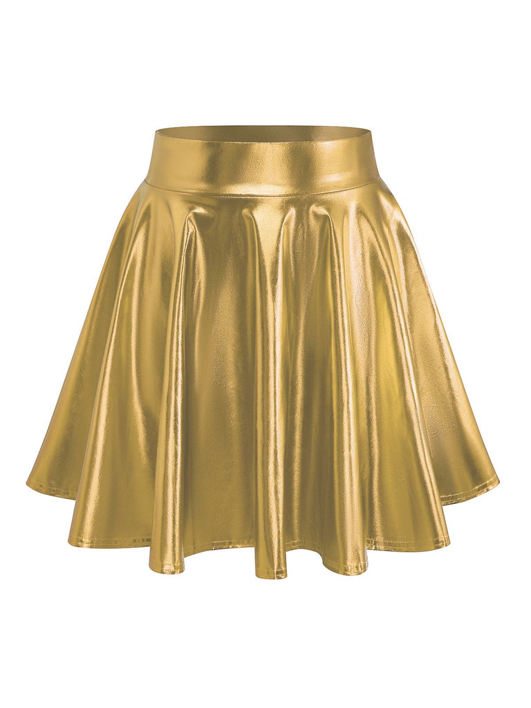2PCS Metallic 1970 Disco Off-Shoulder Top & Pleated Skirt
