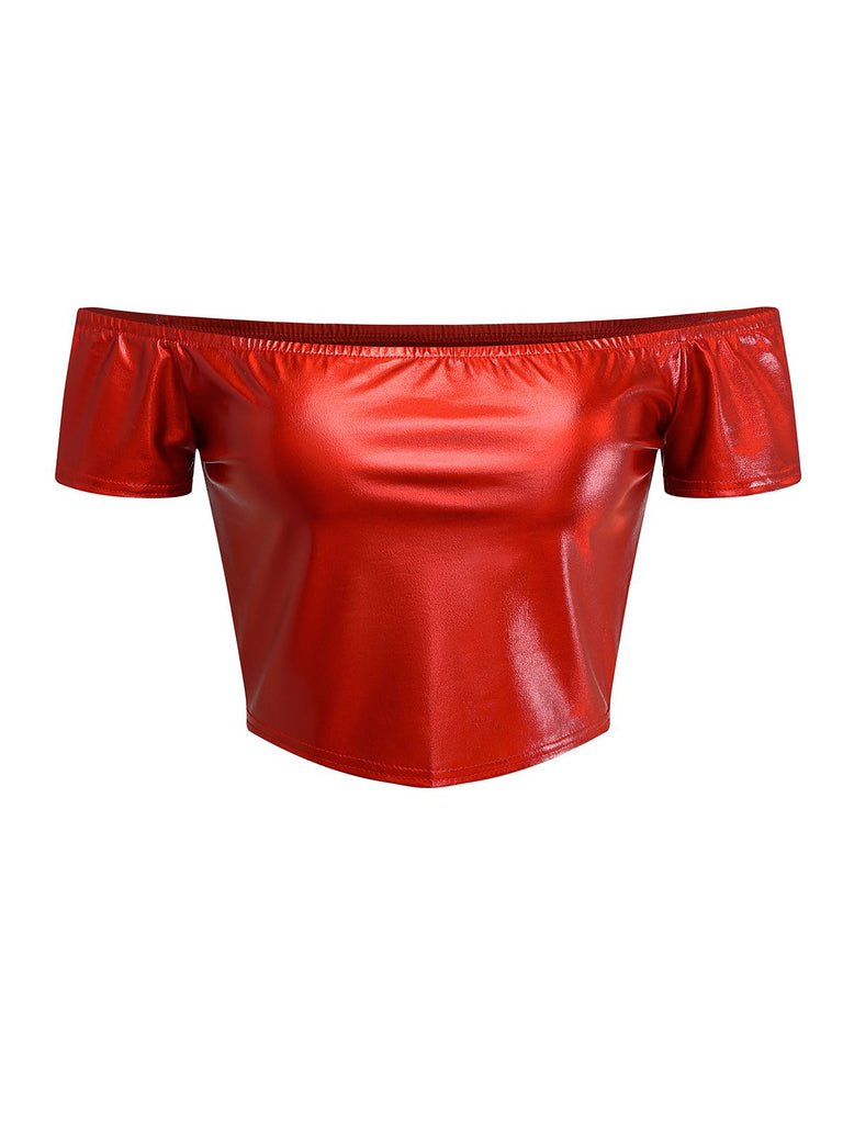 2PCS Metallic 1970 Disco Off-Shoulder Top & Pleated Skirt