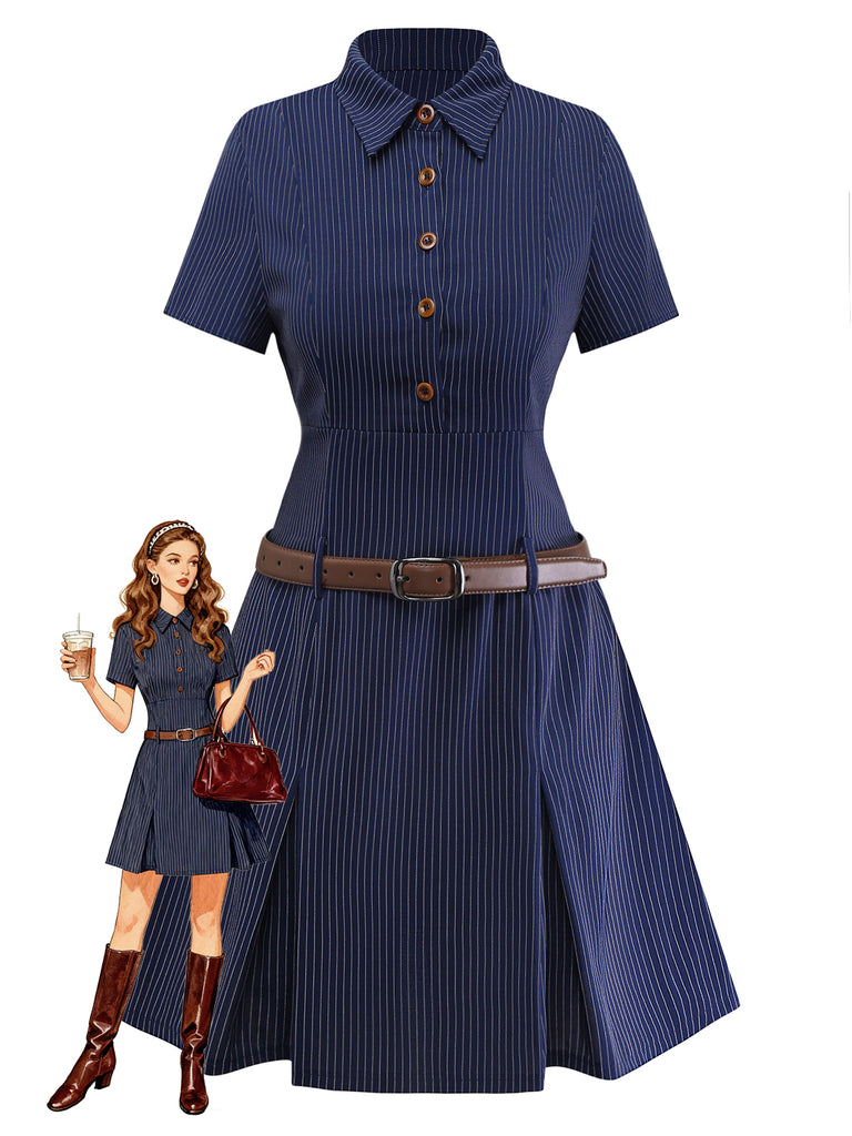 [Pre-Sale] Blue 1970s Pinstripe Pleated Shirt Collar Dress