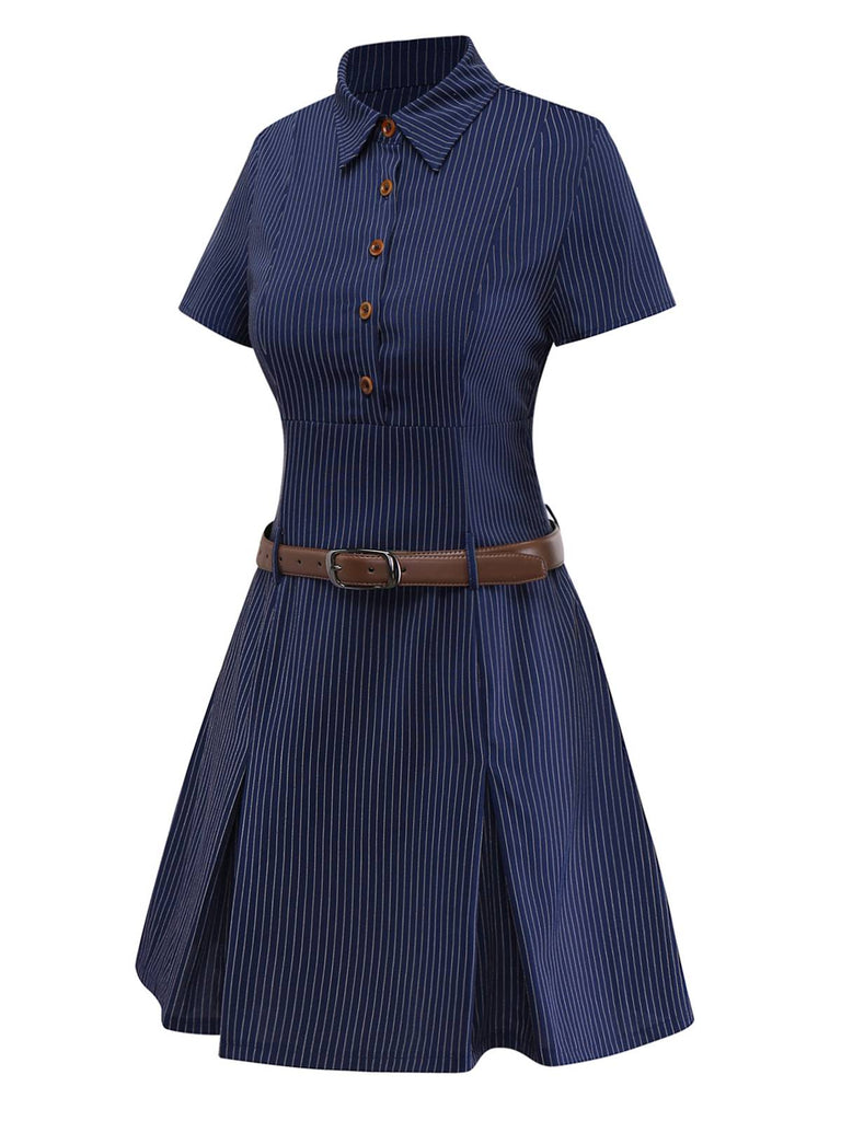 [Pre-Sale] Blue 1970s Pinstripe Pleated Shirt Collar Dress