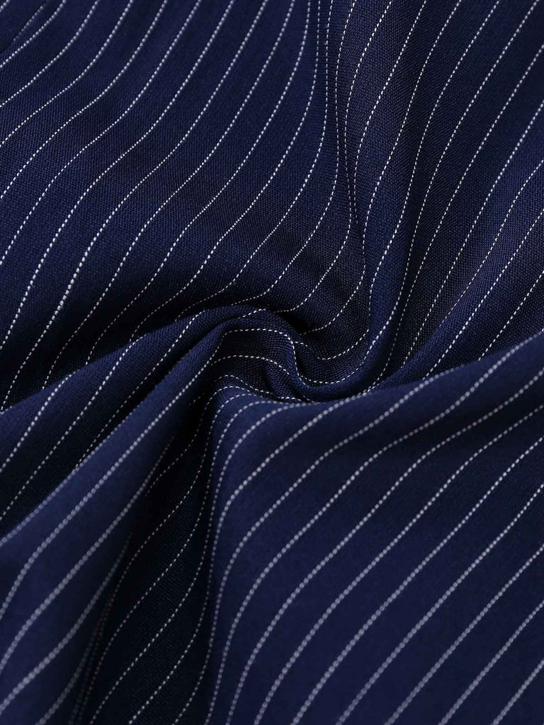 [Pre-Sale] Blue 1970s Pinstripe Pleated Shirt Collar Dress