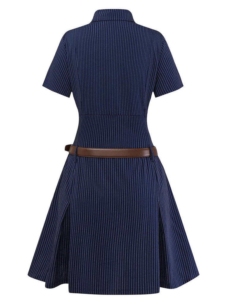 [Pre-Sale] Blue 1970s Pinstripe Pleated Shirt Collar Dress