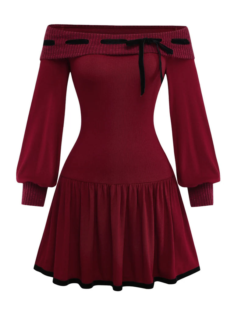 [Pre-Sale] Red 1960s Off-Shoulder Bow Knit Lantern Sleeve Dress