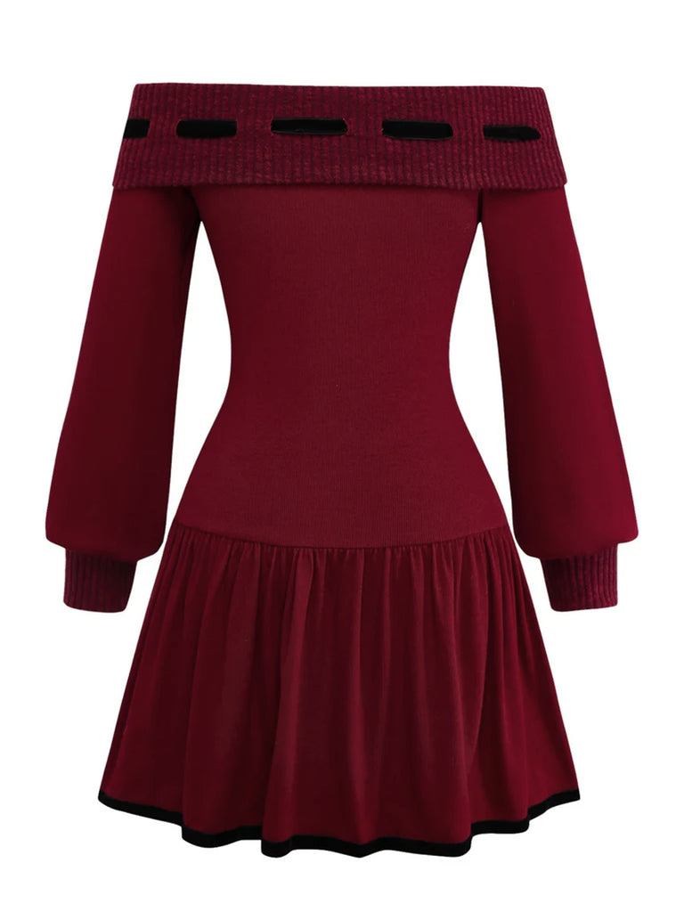 [Pre-Sale] Red 1960s Off-Shoulder Bow Knit Lantern Sleeve Dress