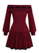 [Pre-Sale] Red 1960s Off-Shoulder Bow Knit Lantern Sleeve Dress