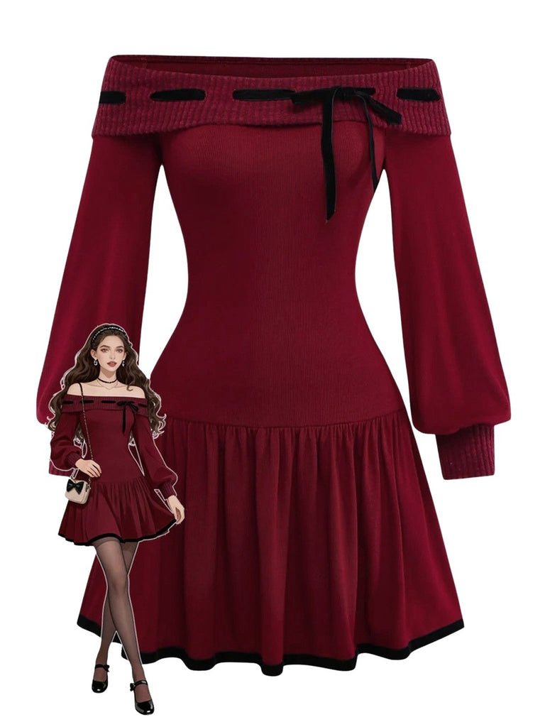 [Pre-Sale] Red 1960s Off-Shoulder Bow Knit Lantern Sleeve Dress