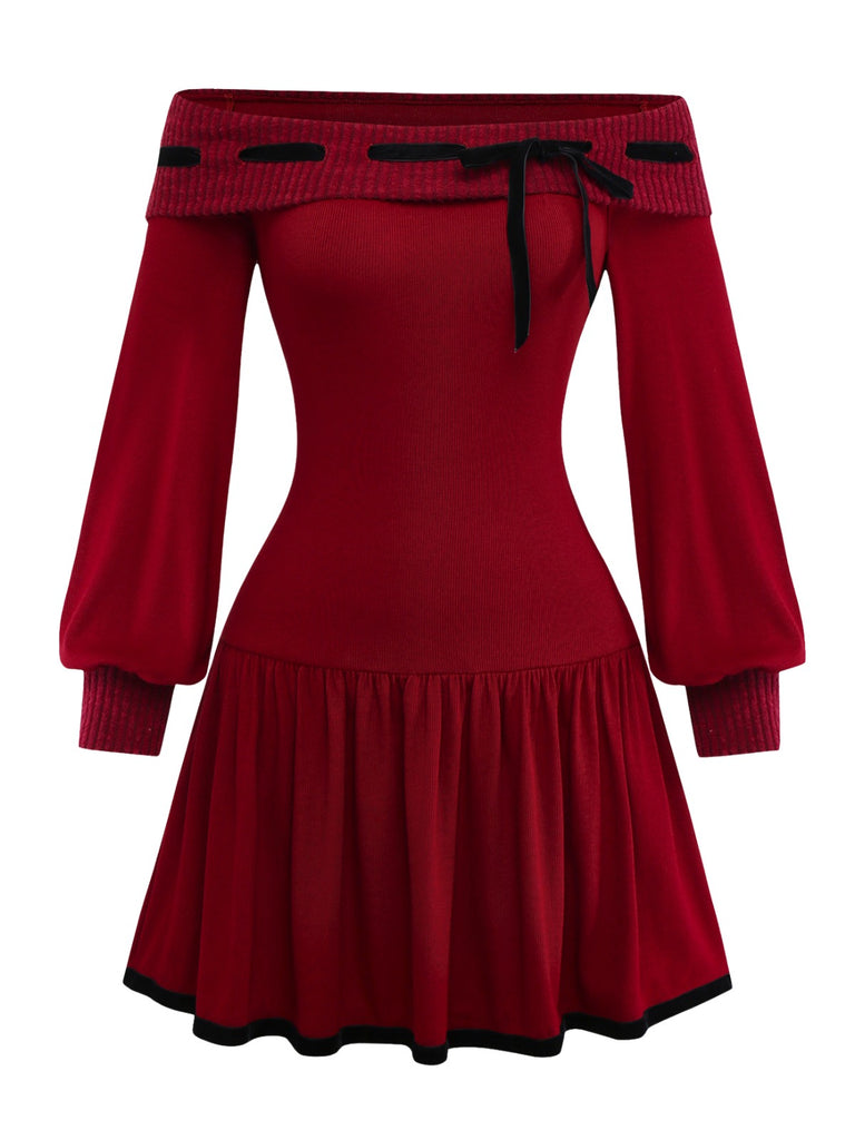 [Pre-Sale] Red 1960s Off-Shoulder Bow Knit Lantern Sleeve Dress