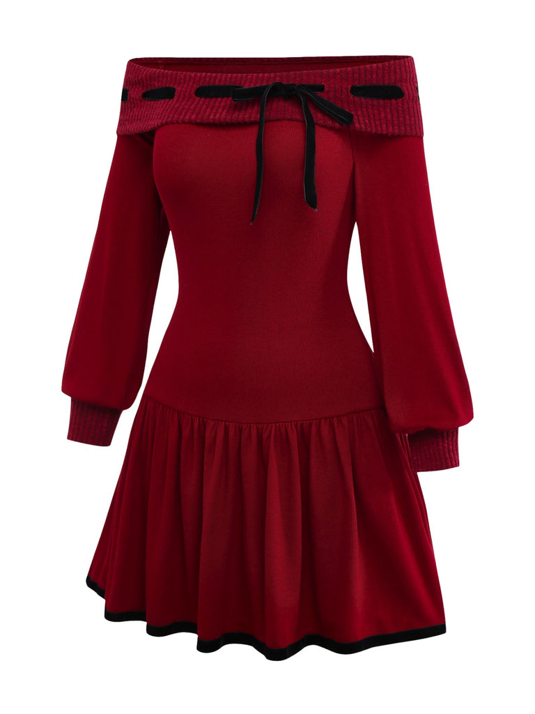 [Pre-Sale] Red 1960s Off-Shoulder Bow Knit Lantern Sleeve Dress