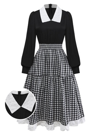 [Pre-Sale] Black 1950s Plaid Patchwork Embroidered Lace Dress