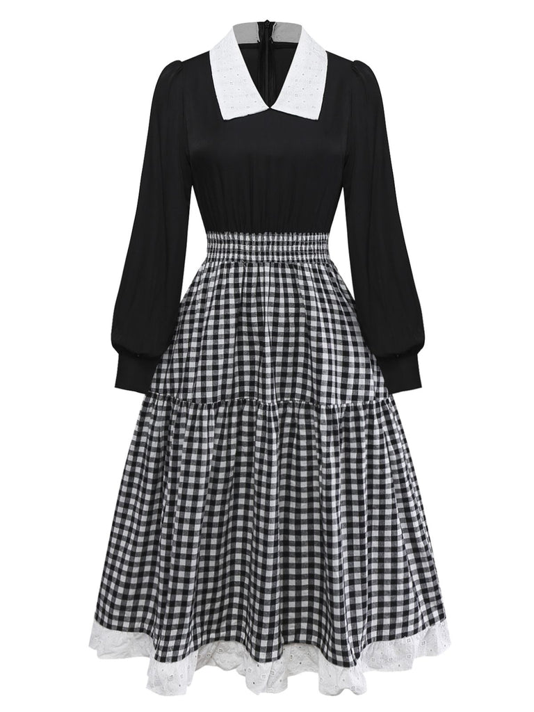 [Pre-Sale] Black 1950s Plaid Patchwork Embroidered Lace Dress