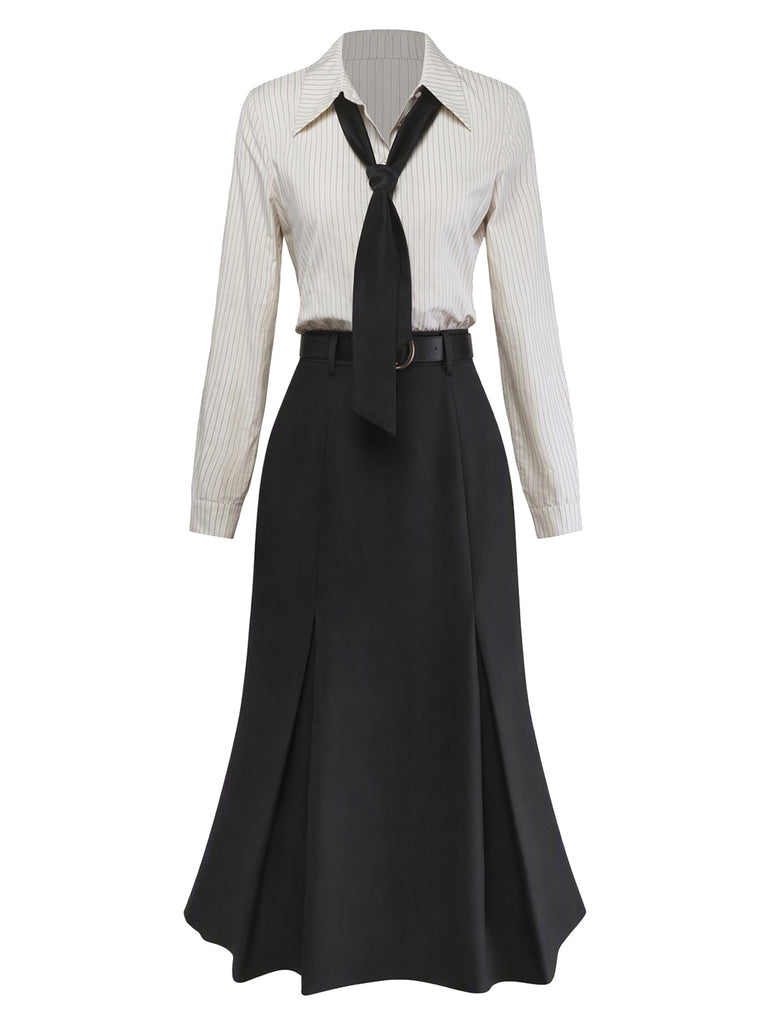 [Pre-Sale] Black 1930s Striped Lapel Blouse Detachable Tie Dress