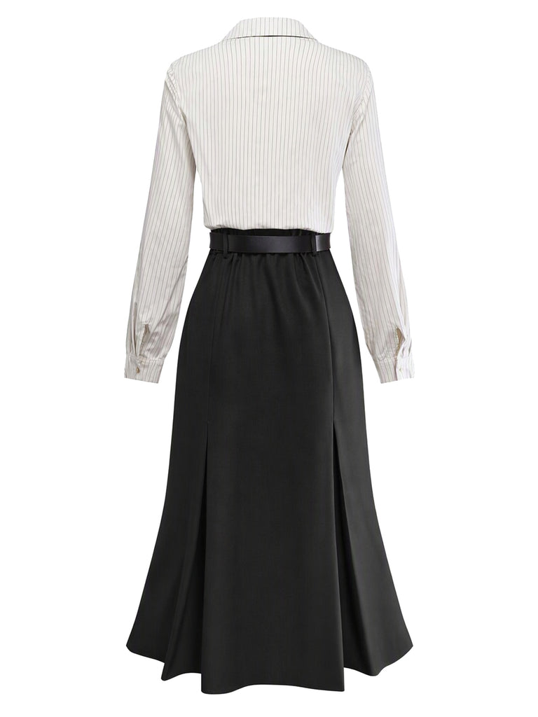 [Pre-Sale] Black 1930s Striped Lapel Blouse Detachable Tie Dress