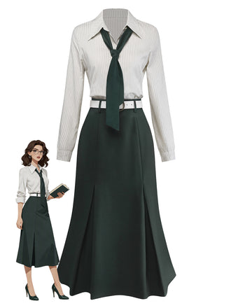 [Pre-Sale] Dark Green 1930s Striped Lapel Blouse Detachable Tie Dress