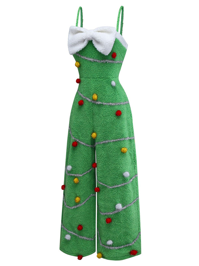 [Pre-Sale] Green 1930s Christmas Tree Pom-Pom Bow Jumpsuit