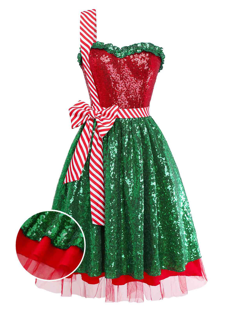 [Pre-Sale] Red & Green 1970s Christmas Bowknot One-Strap Mesh Dress