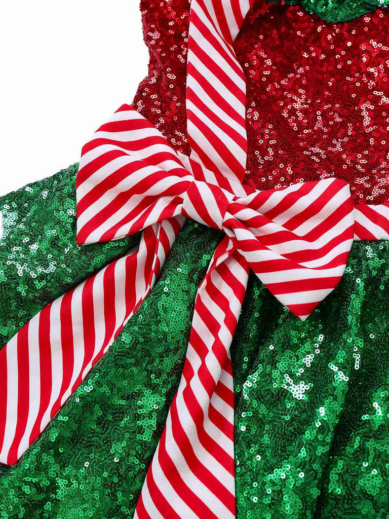 [Pre-Sale] Red & Green 1970s Christmas Bowknot One-Strap Mesh Dress