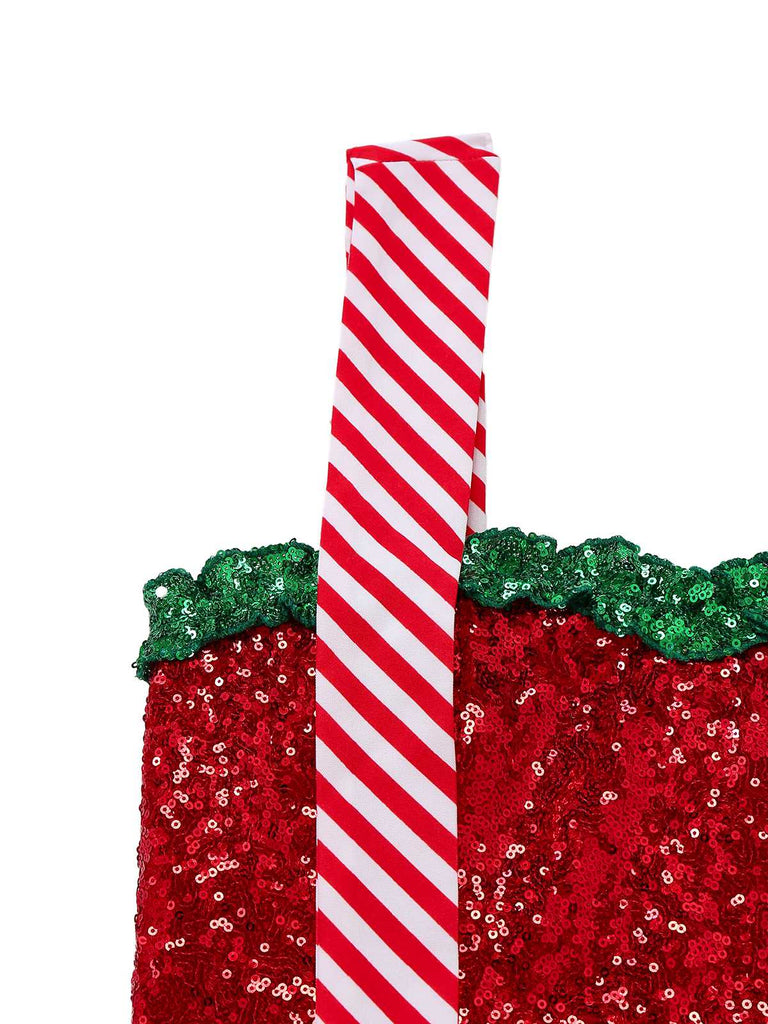 [Pre-Sale] Red & Green 1970s Christmas Bowknot One-Strap Mesh Dress