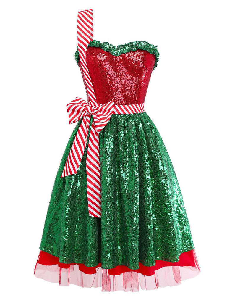 [Pre-Sale] Red & Green 1970s Christmas Bowknot One-Strap Mesh Dress