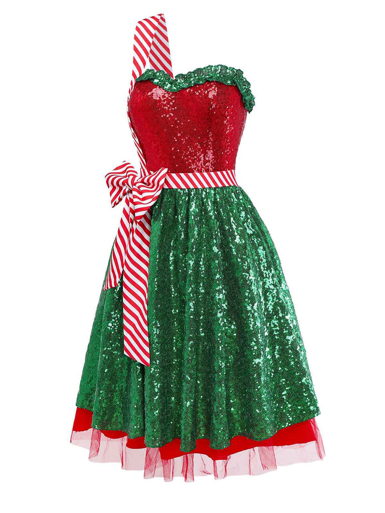 [Pre-Sale] Red & Green 1970s Christmas Bowknot One-Strap Mesh Dress