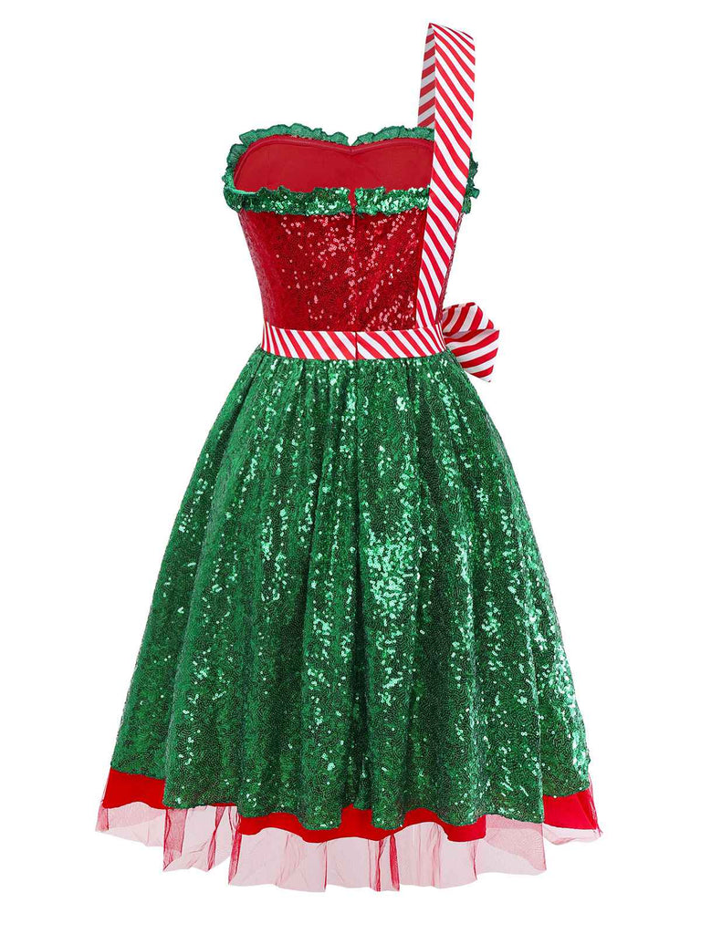 [Pre-Sale] Red & Green 1970s Christmas Bowknot One-Strap Mesh Dress