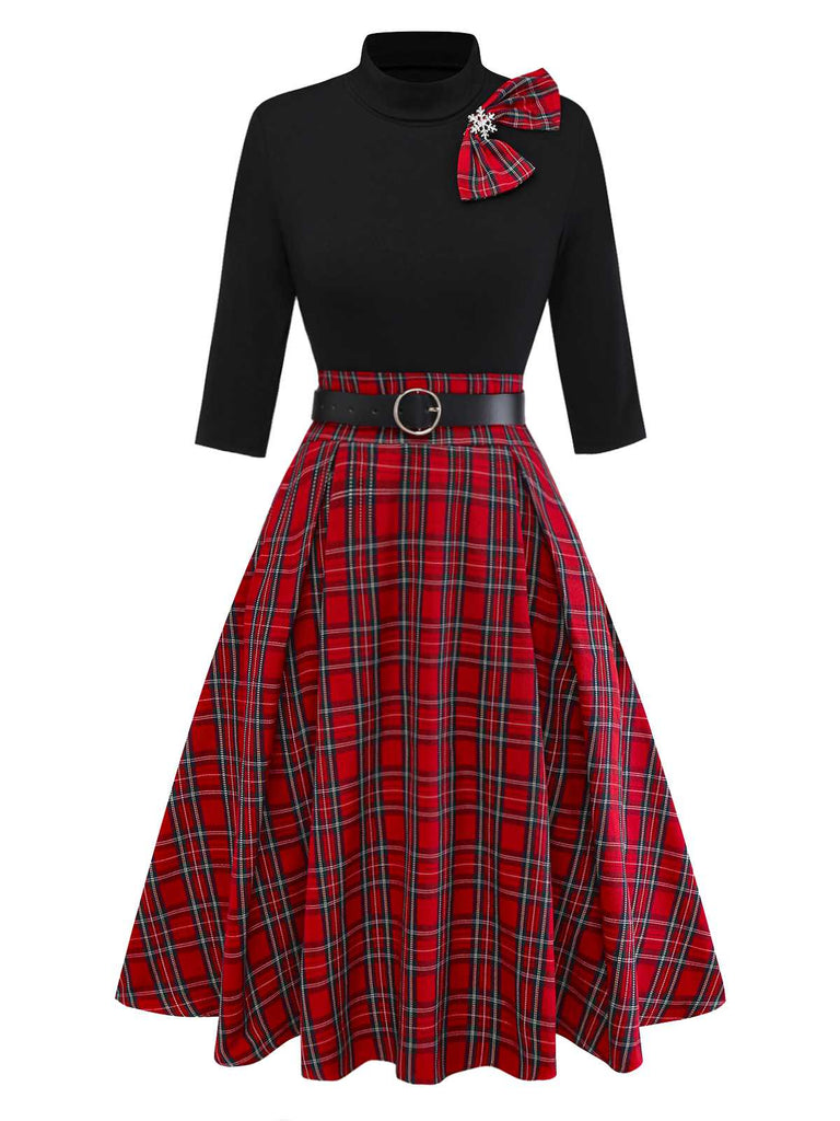 [Pre-Sale] 1950s Christmas Plaid Belted Dress With Snowflake Brooch