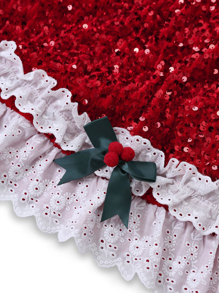 [Pre-Sale] Red 1950s Bow Sequined Raw Hem Dress