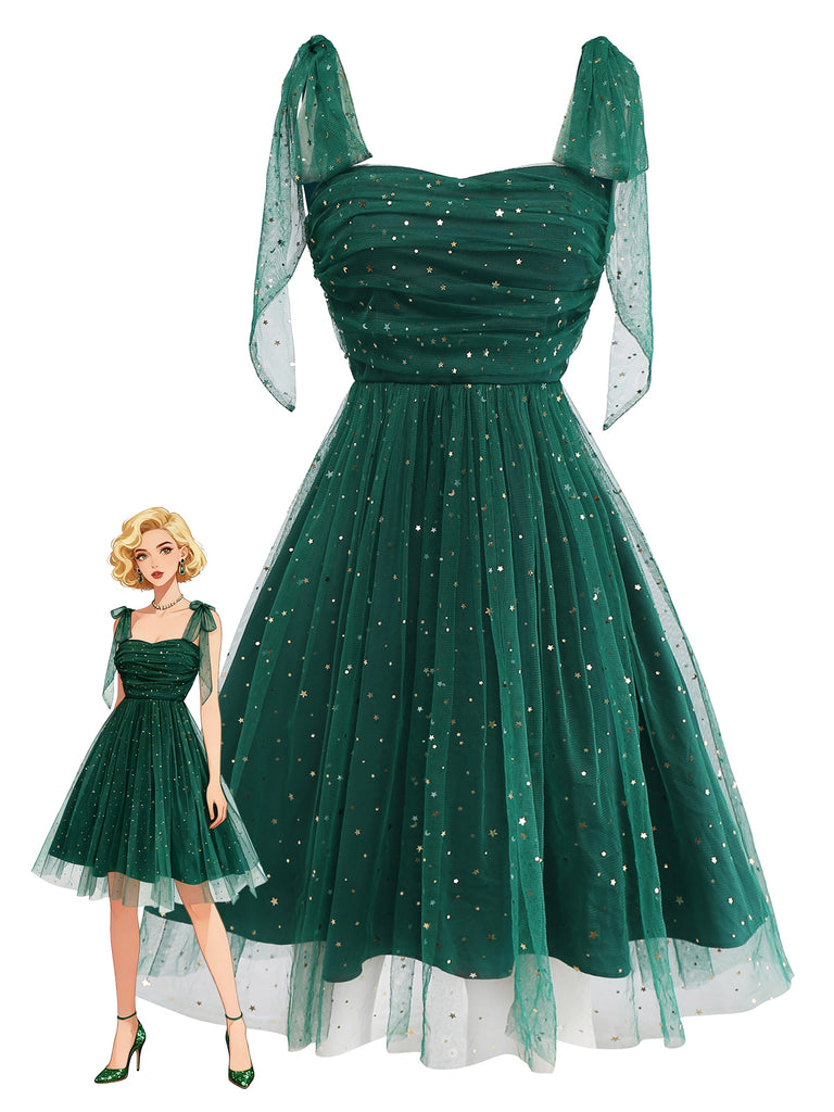 [Pre-Sale] Green 1950s Glitter Shoulder Tie Ruched Dress