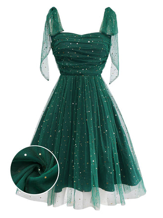 [Pre-Sale] Green 1950s Glitter Shoulder Tie Ruched Dress