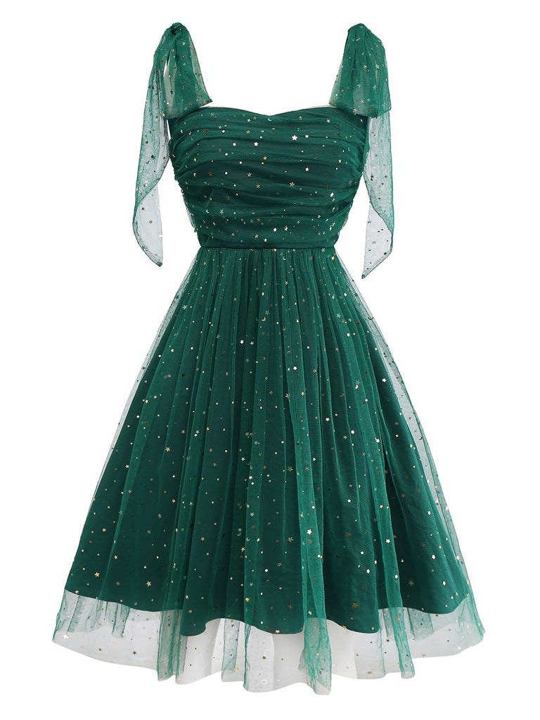 [Pre-Sale] Green 1950s Glitter Shoulder Tie Ruched Dress