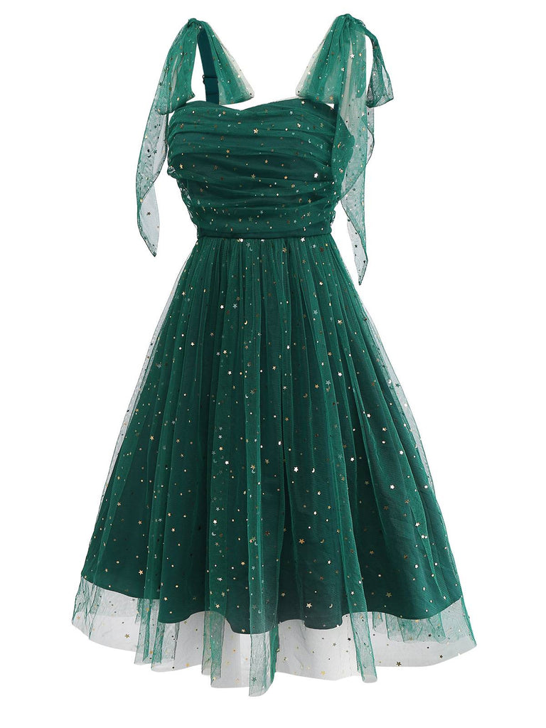 [Pre-Sale] Green 1950s Glitter Shoulder Tie Ruched Dress