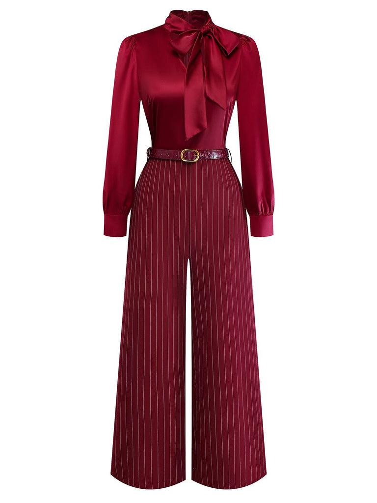 [Pre-Sale] Burgundy 1940s Satin Bow Tie Striped Wide-Leg Jumpsuit