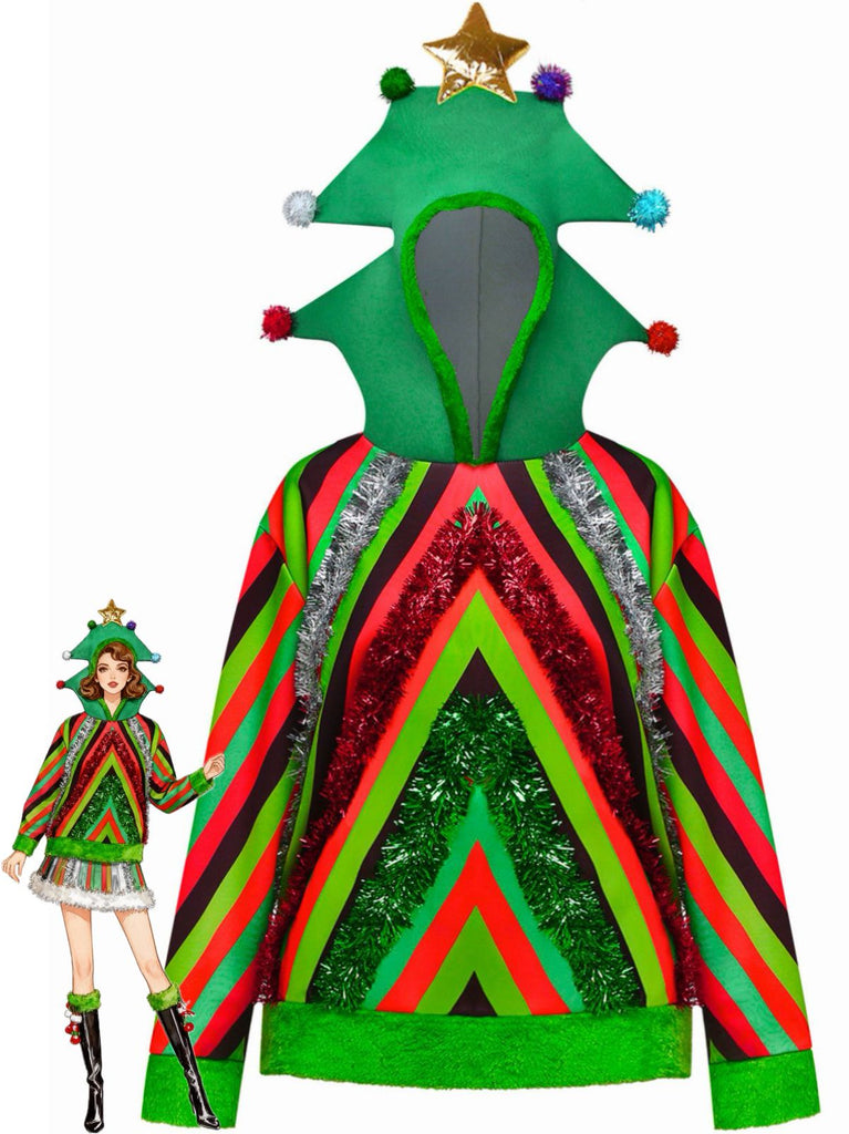 1970s Colorful Christmas Tree 3D Embellished Hoodie Sweater