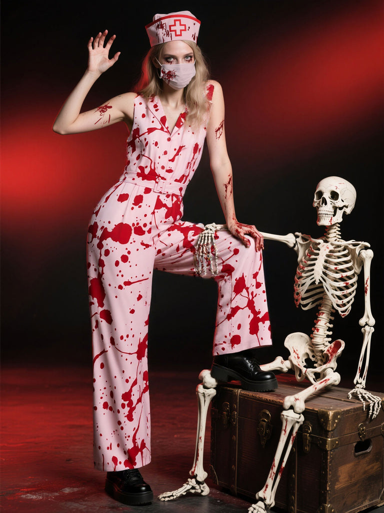 [Pre-Sale] Pink 1930s Lapel Halloween Blood Belted Jumpsuit