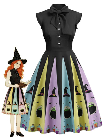 1950s Bowknot Halloween Witch Hat Potion Swing Dress