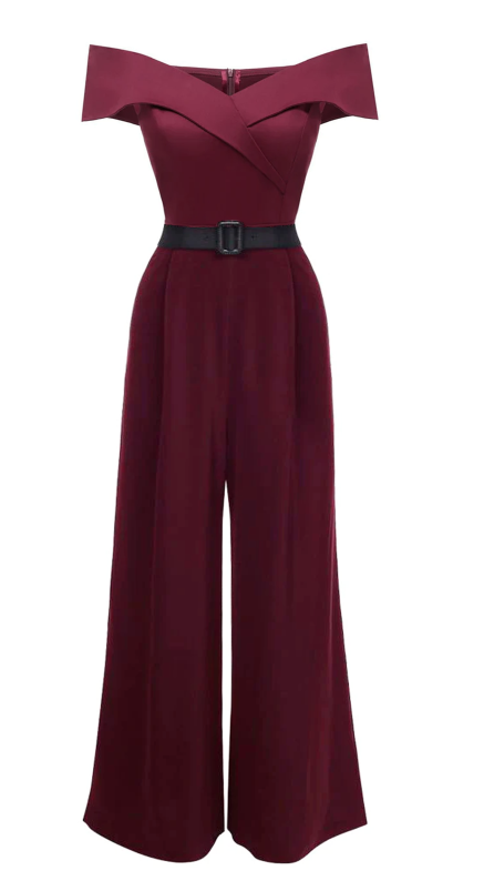 [Pre-Sale] Burgundy 1950s Off Shoulder Belted Wide Leg Jumpsuit