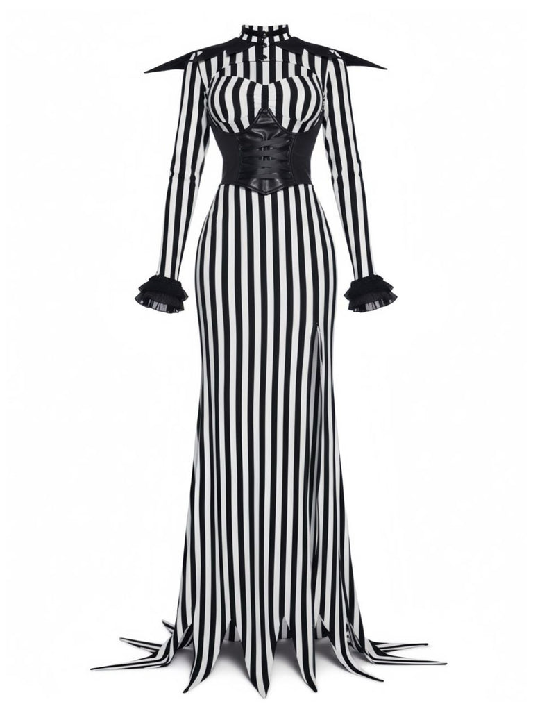 [Pre-Sale] Black 1930s Nightmare Pumpkin King Cosplay Striped Dress