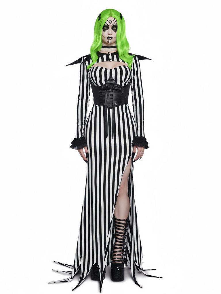 [Pre-Sale] Black 1930s Nightmare Pumpkin King Cosplay Striped Dress