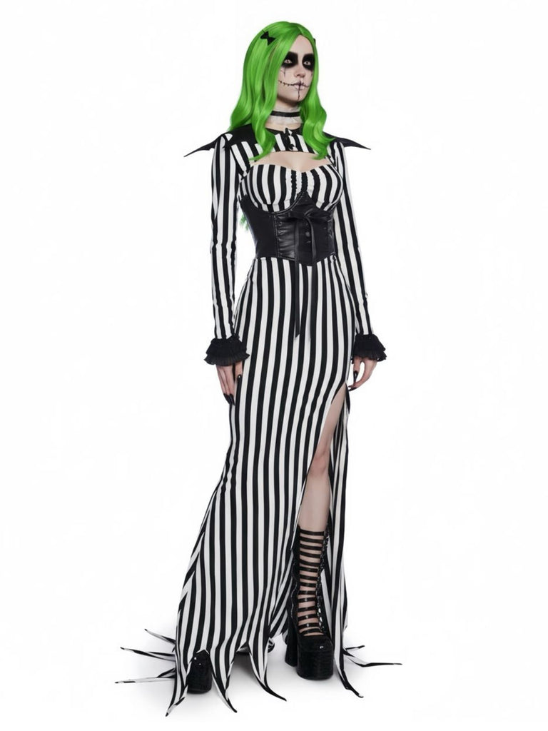 [Pre-Sale] Black 1930s Nightmare Pumpkin King Cosplay Striped Dress