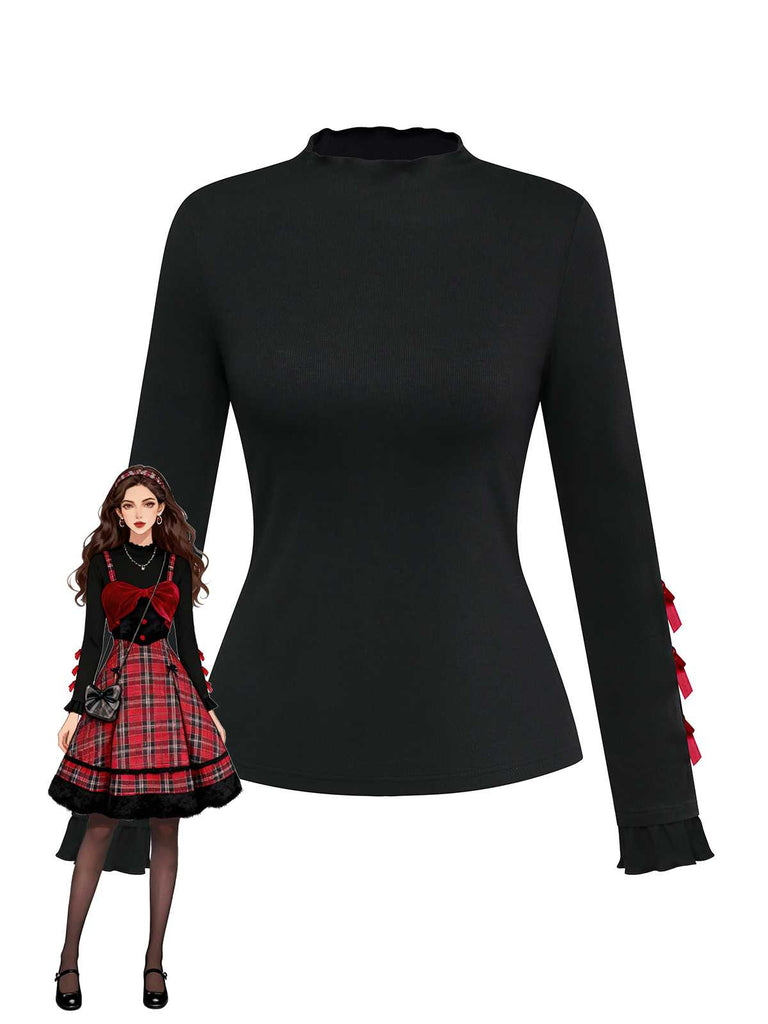 [Pre-Sale] Black 1950s Turtleneck Bow Decor Knitted Top