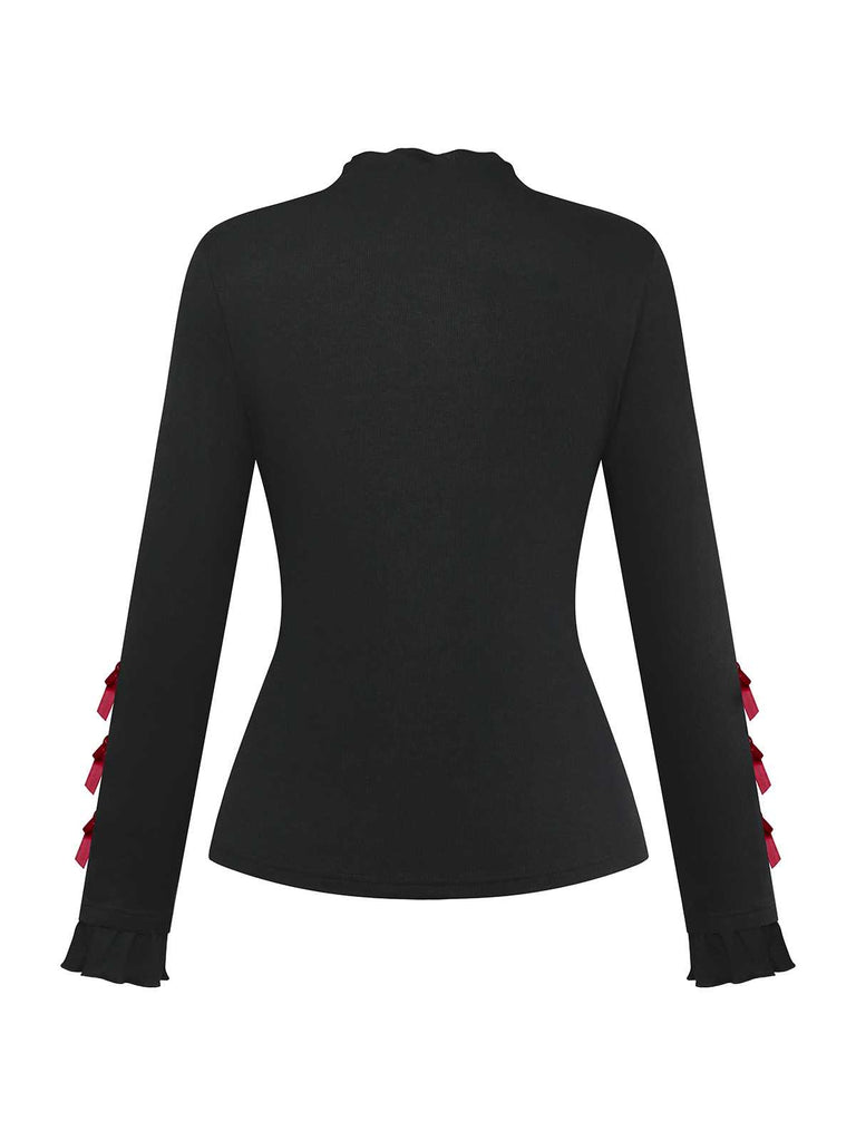 [Pre-Sale] Black 1950s Turtleneck Bow Decor Knitted Top