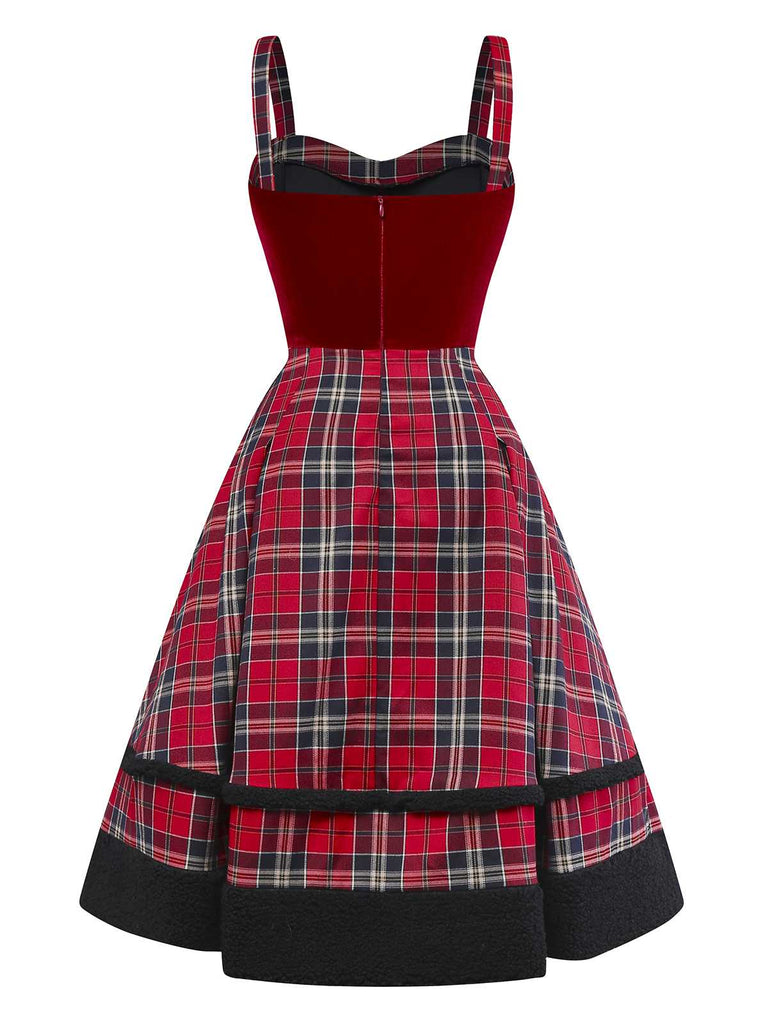 [Pre-Sale] Red 1950s Slip Plaid Velvet Bow Dress