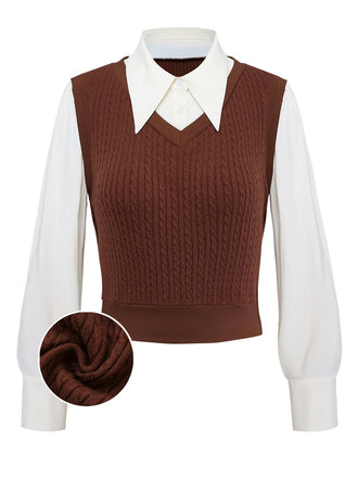 [Pre-Sale] Brown 1940s Knitted Vest Faux-2PCS Blouse
