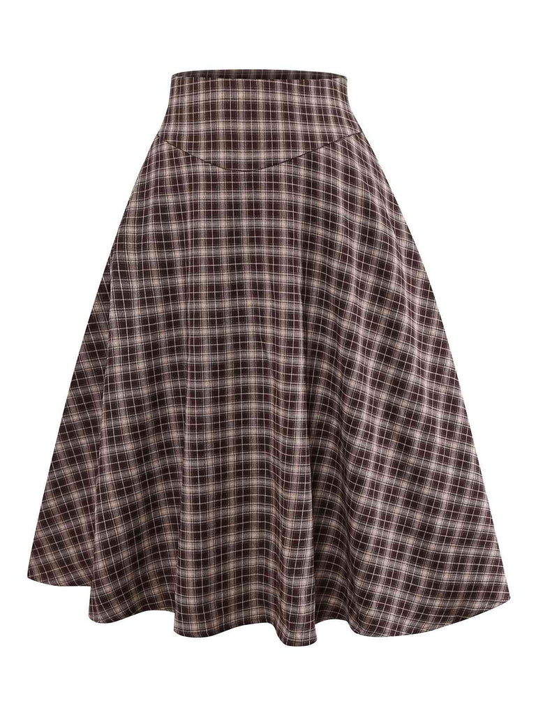[Pre-Sale] 2PCS Brown 1940s Knitted Faux-2PCS Blouse & Plaid Skirt