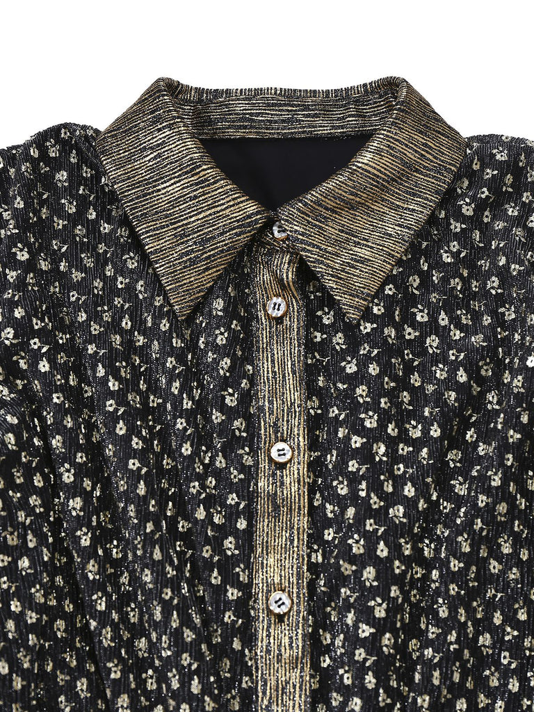 [Pre-Sale] Gold 1980s Black Gilded Bell Sleeve Shirt Jumpsuit