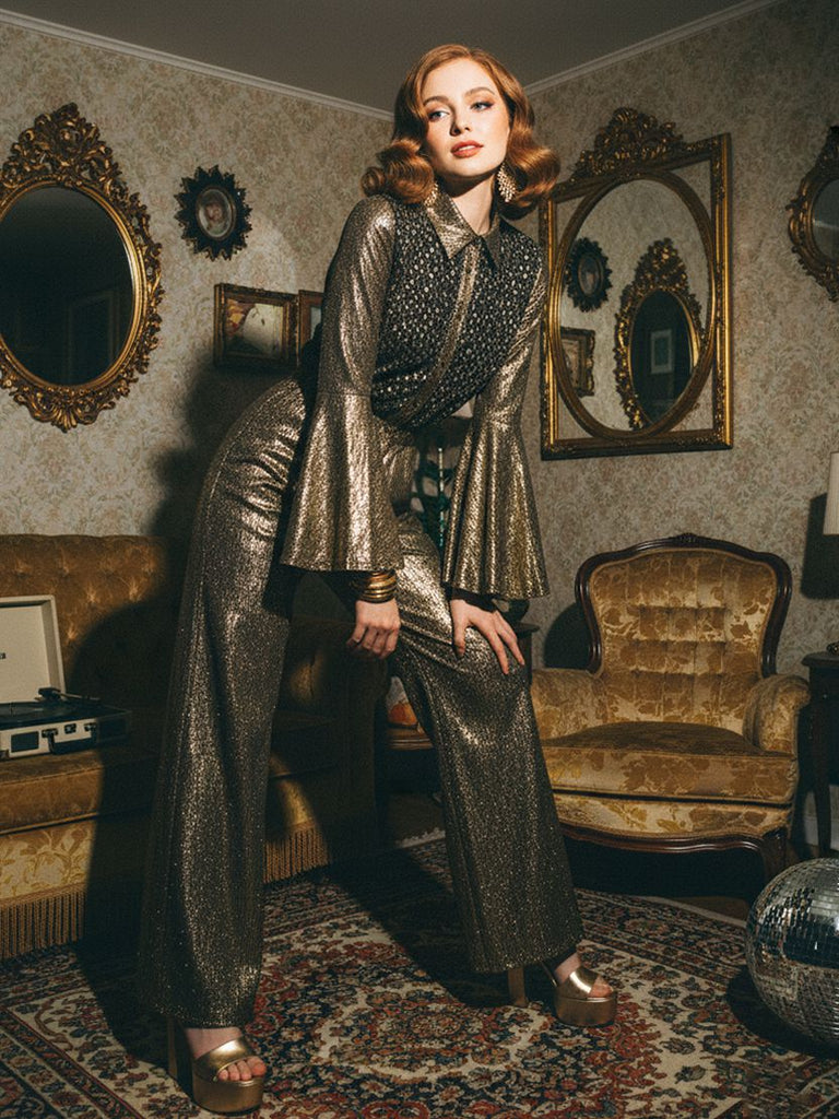 [Pre-Sale] Gold 1980s Black Gilded Bell Sleeve Shirt Jumpsuit